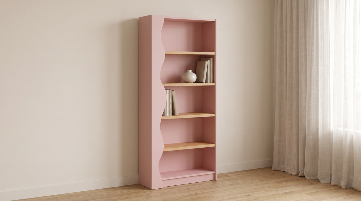 Blush Wood bookcase styled in a calm living room