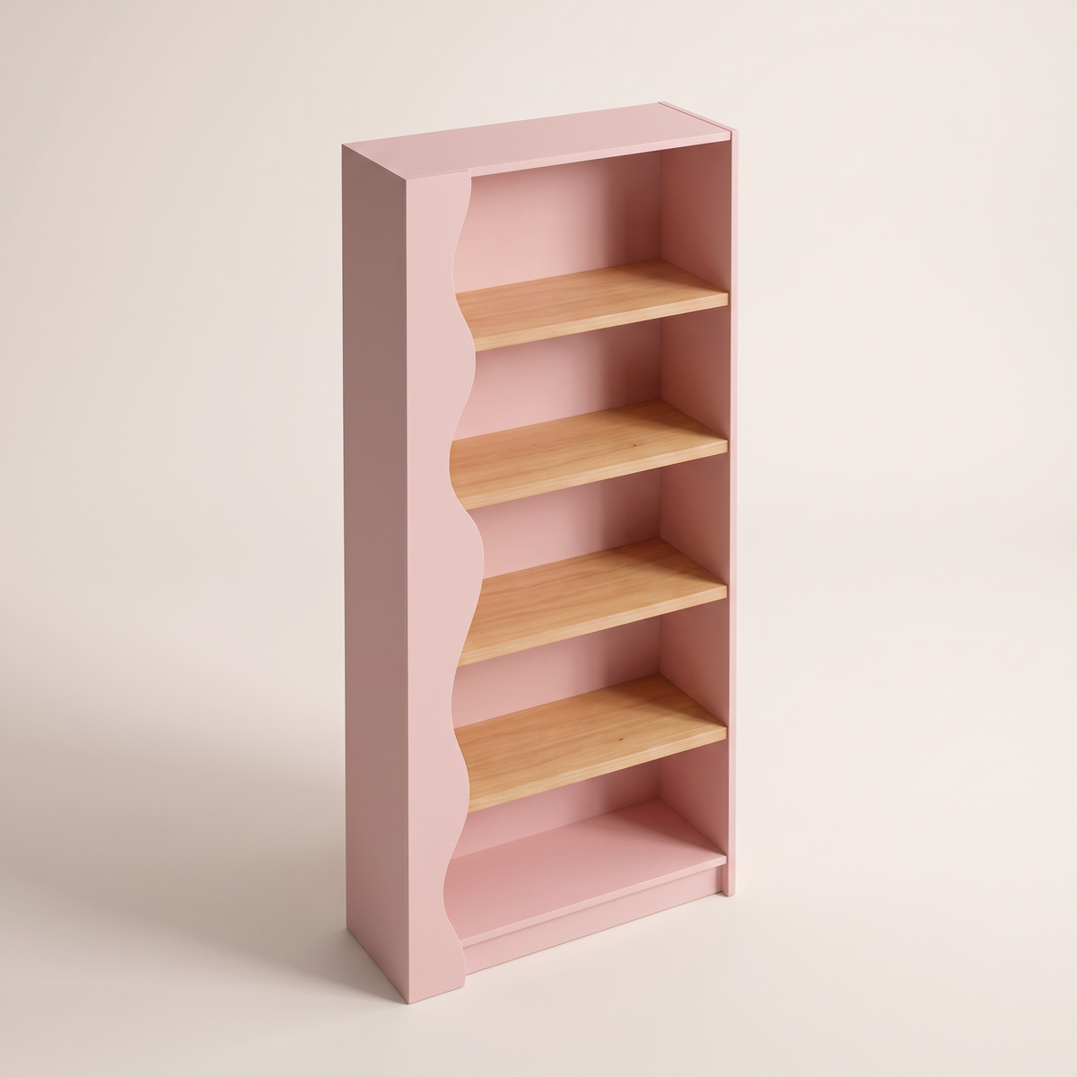 Blush Wood bookcase in blush pink with light wood veneer shelves, elevated three-quarter view showing the top