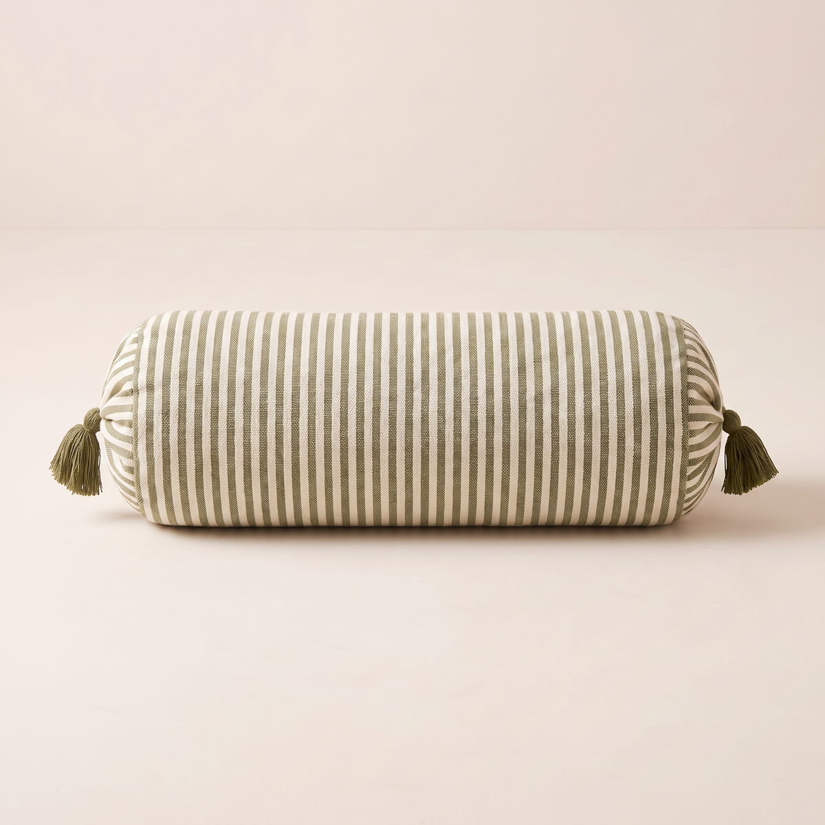 Bolster Stripe in ivory and olive stripes, straight front view of its full length