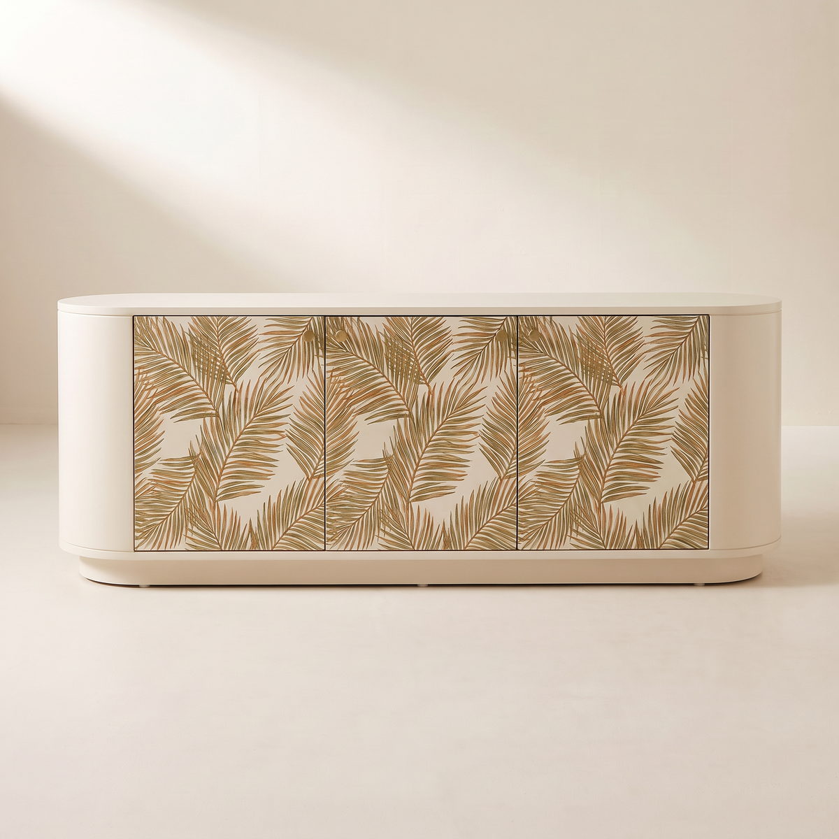 Botanica Console cream TV unit with palm-leaf wallpaper doors, straight front view