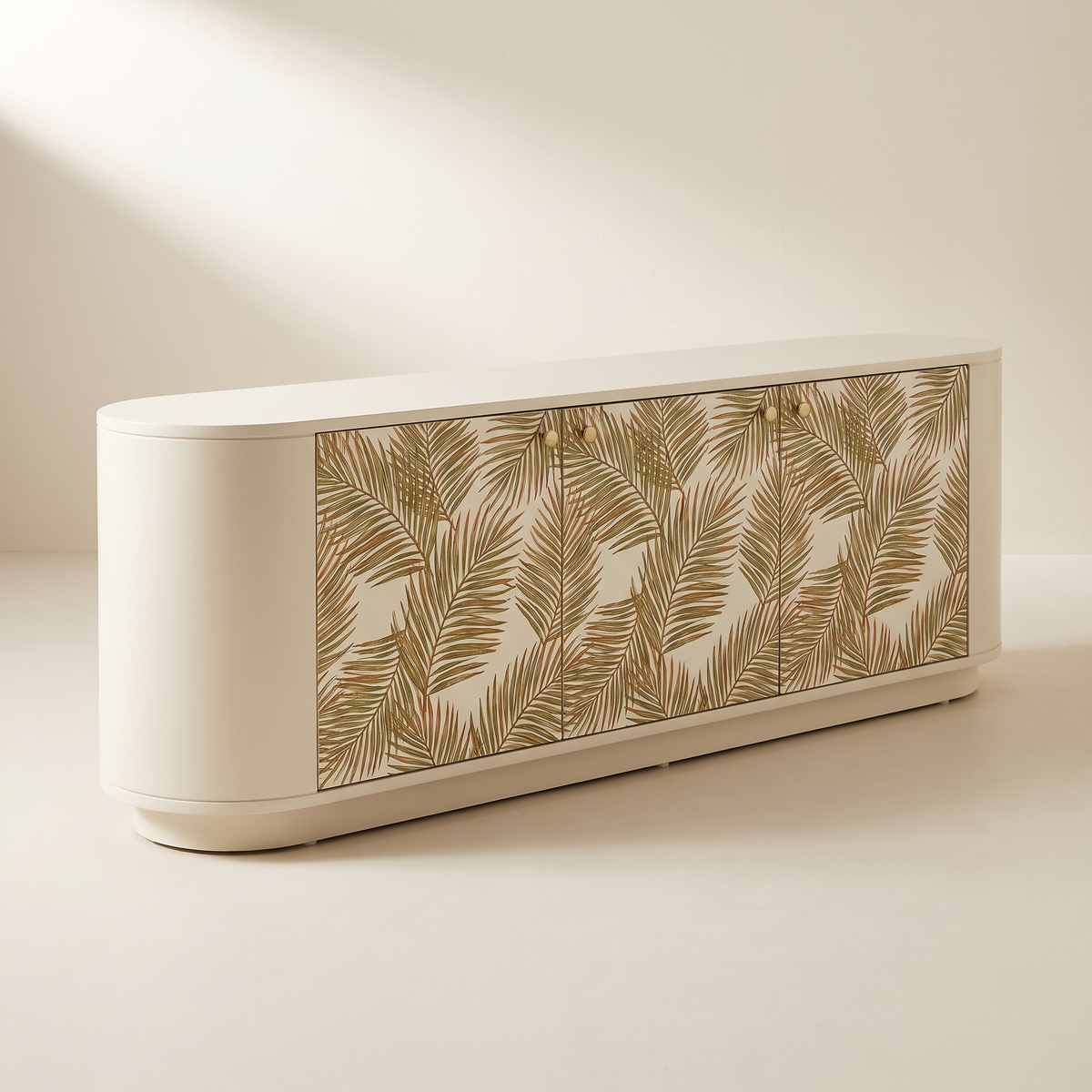Botanica Console TV unit in matte cream with rounded ends and palm-leaf wallpaper doors in olive and rust, three-quarter view