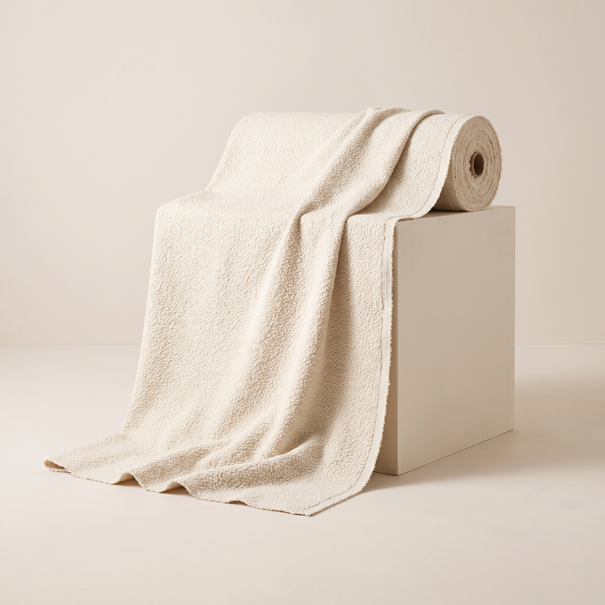 Bouclé Ivory upholstery fabric, warm ivory looped bouclé, unrolled from a bolt and draped over a studio plinth