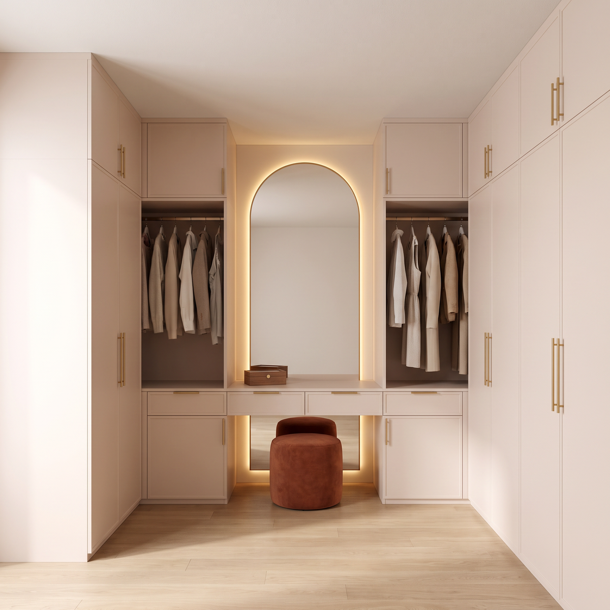 Boudoir Closet with central arched mirror nook, drawer counter and open hanging bays in blush-ivory, straight front view