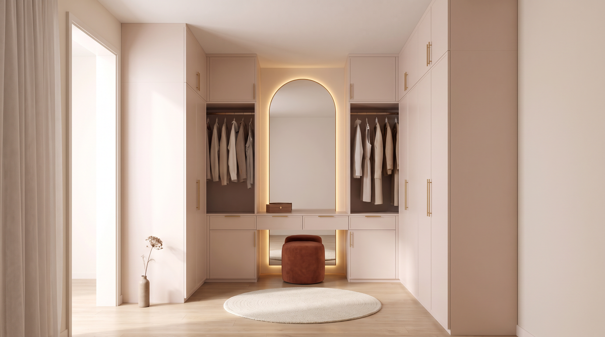 Boudoir Closet styled in a calm dressing room with a round cream rug