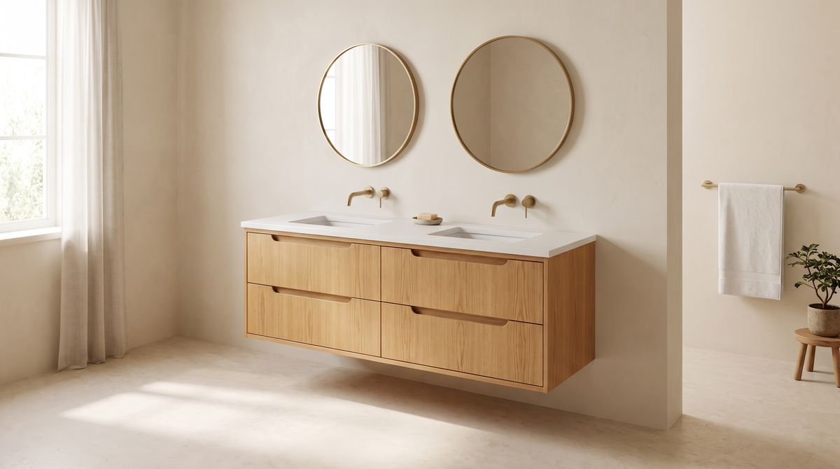 Brook Double Vanity in honey ash with two round brass mirrors styled in a calm bathroom