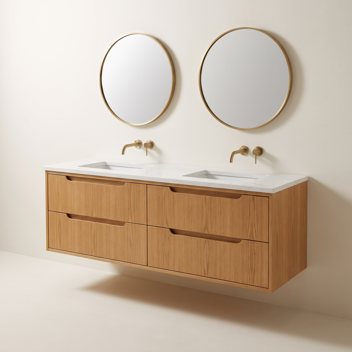 Brook Double Vanity, wall-hung honey ash veneer vanity with four finger-pull drawers, white quartz top, two undermount basins, brass wall taps and two round brass-framed mirrors, three-quarter studio view