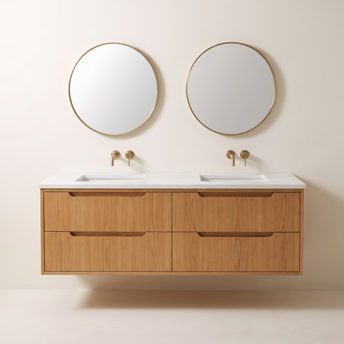 Brook Double Vanity in honey ash veneer with white quartz top and two round brass mirrors, straight front view