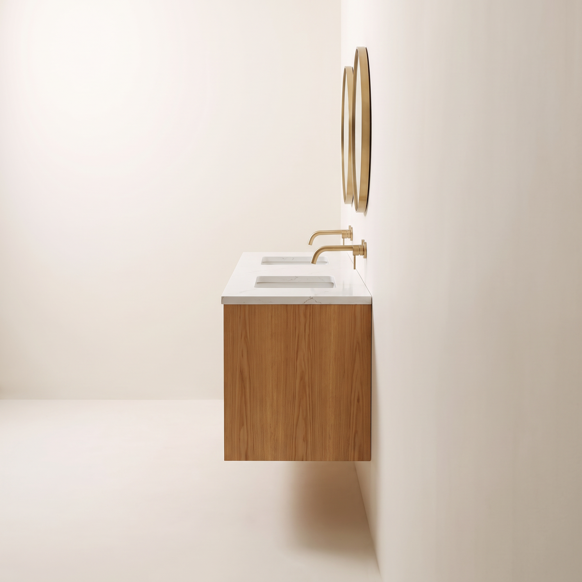 Brook Double Vanity wall-hung ash cabinet and quartz top, side profile view showing depth and floating mount