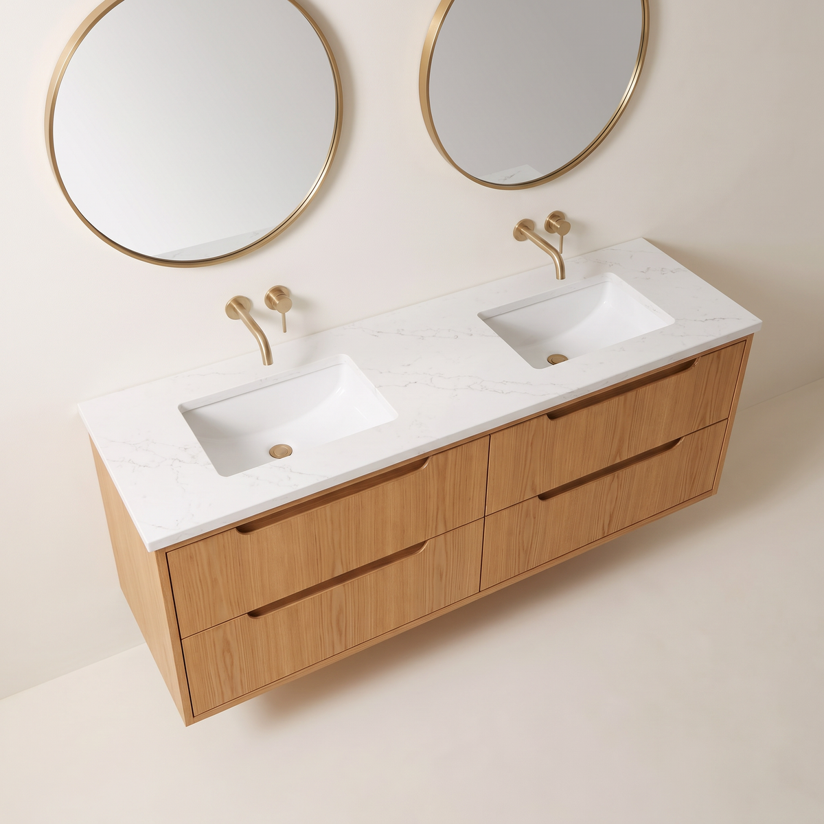 Brook Double Vanity seen from above, showing the white quartz top with two rectangular undermount basins and brass taps