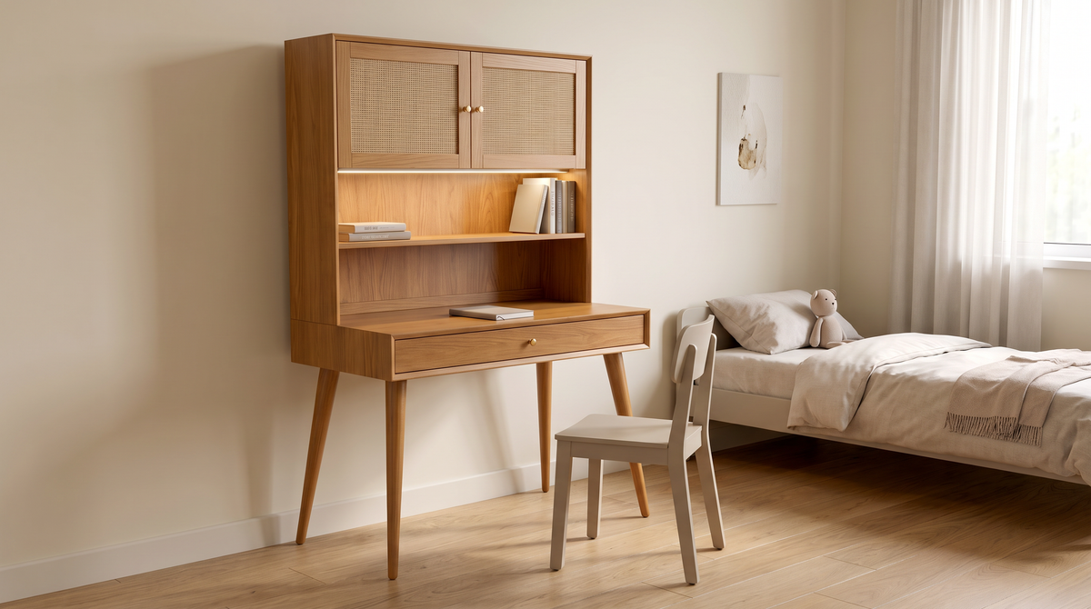 Bureau Hutch study desk with cane-door hutch styled in a calm children's room