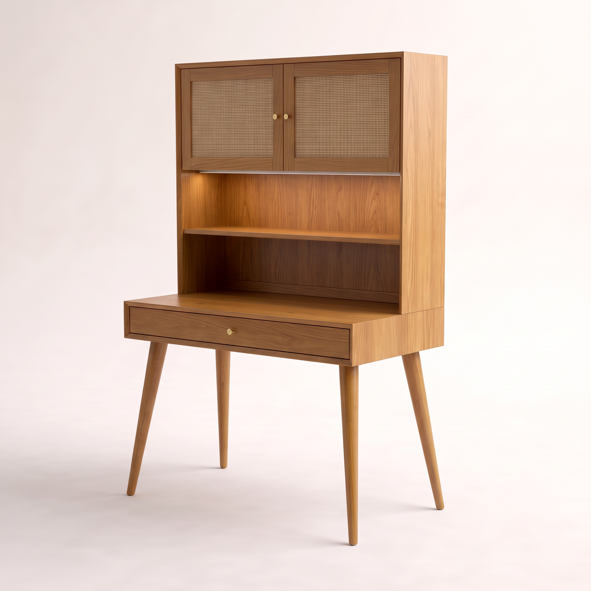 Bureau Hutch honey ash study desk with cane-door hutch, front-right three-quarter view