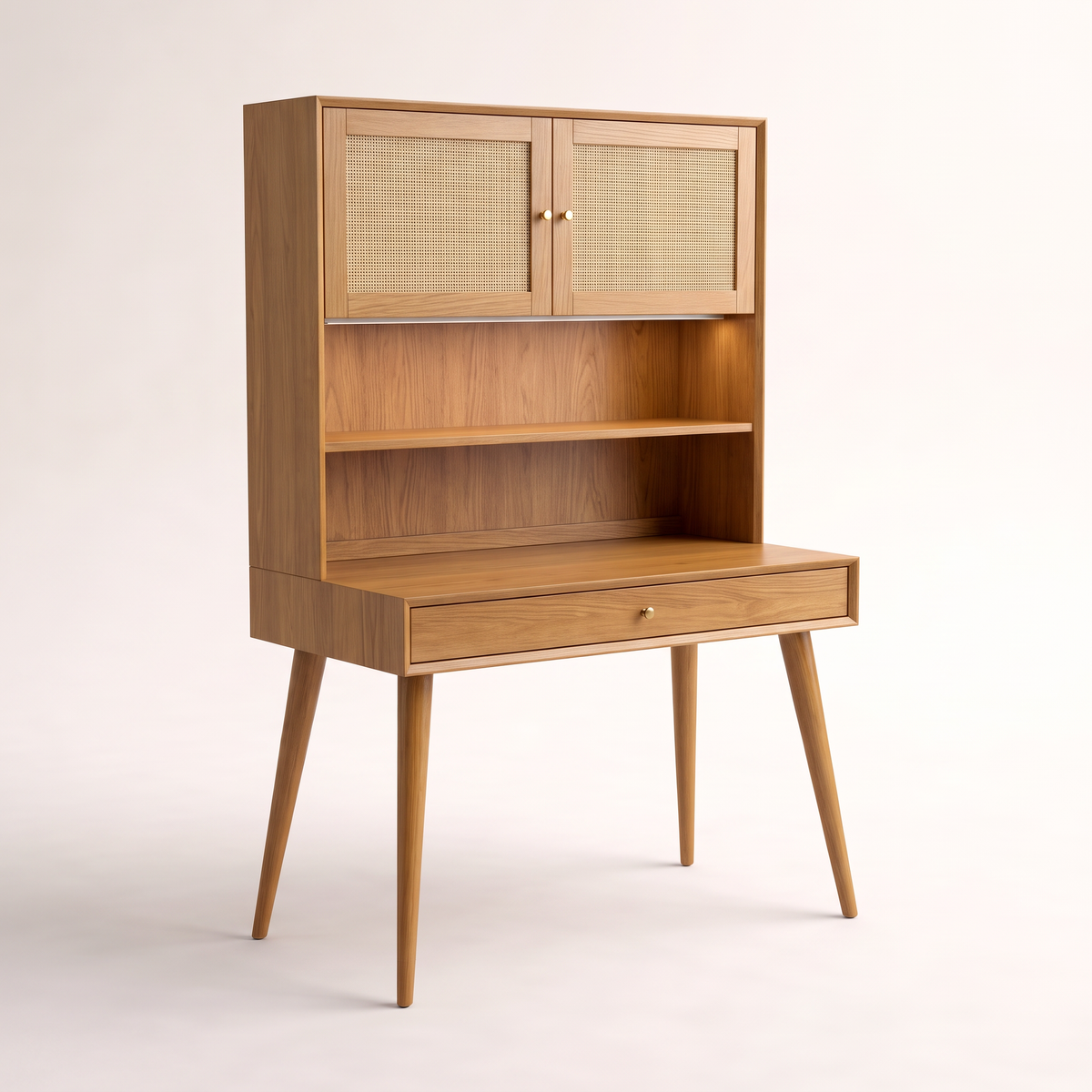 Bureau Hutch honey ash study desk with cane-door hutch, open shelf and splayed tapered legs, front three-quarter view