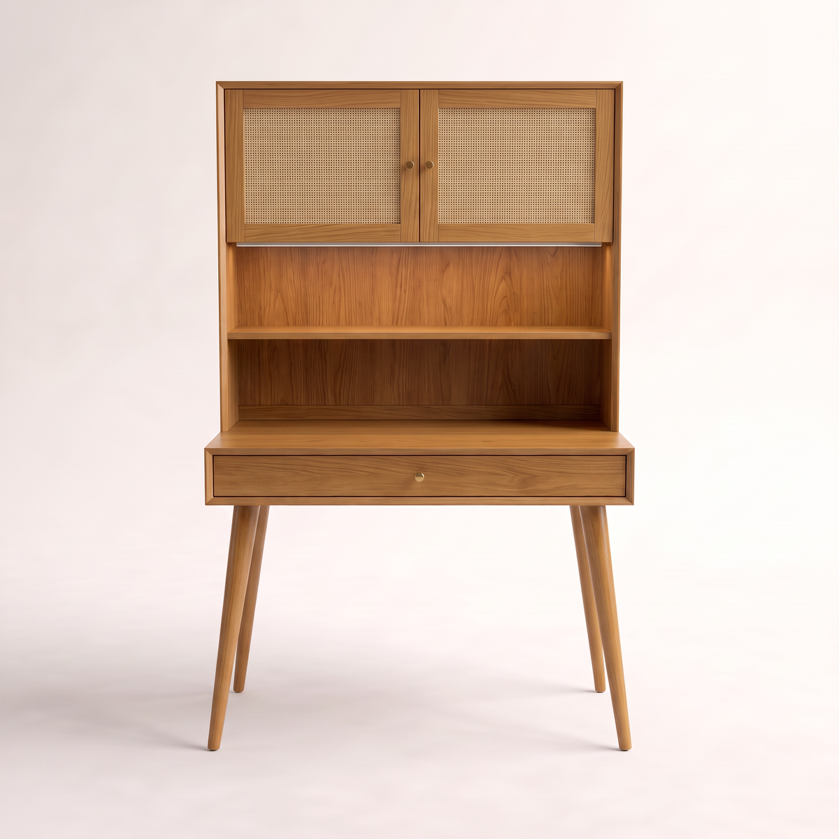 Bureau Hutch honey ash study desk with two cane doors, open shelf and full-width drawer, front view
