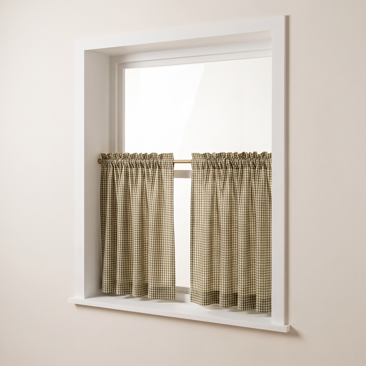 Café Gingham half-height curtains in olive and ivory gingham cotton on a brass tension rod, front three-quarter view