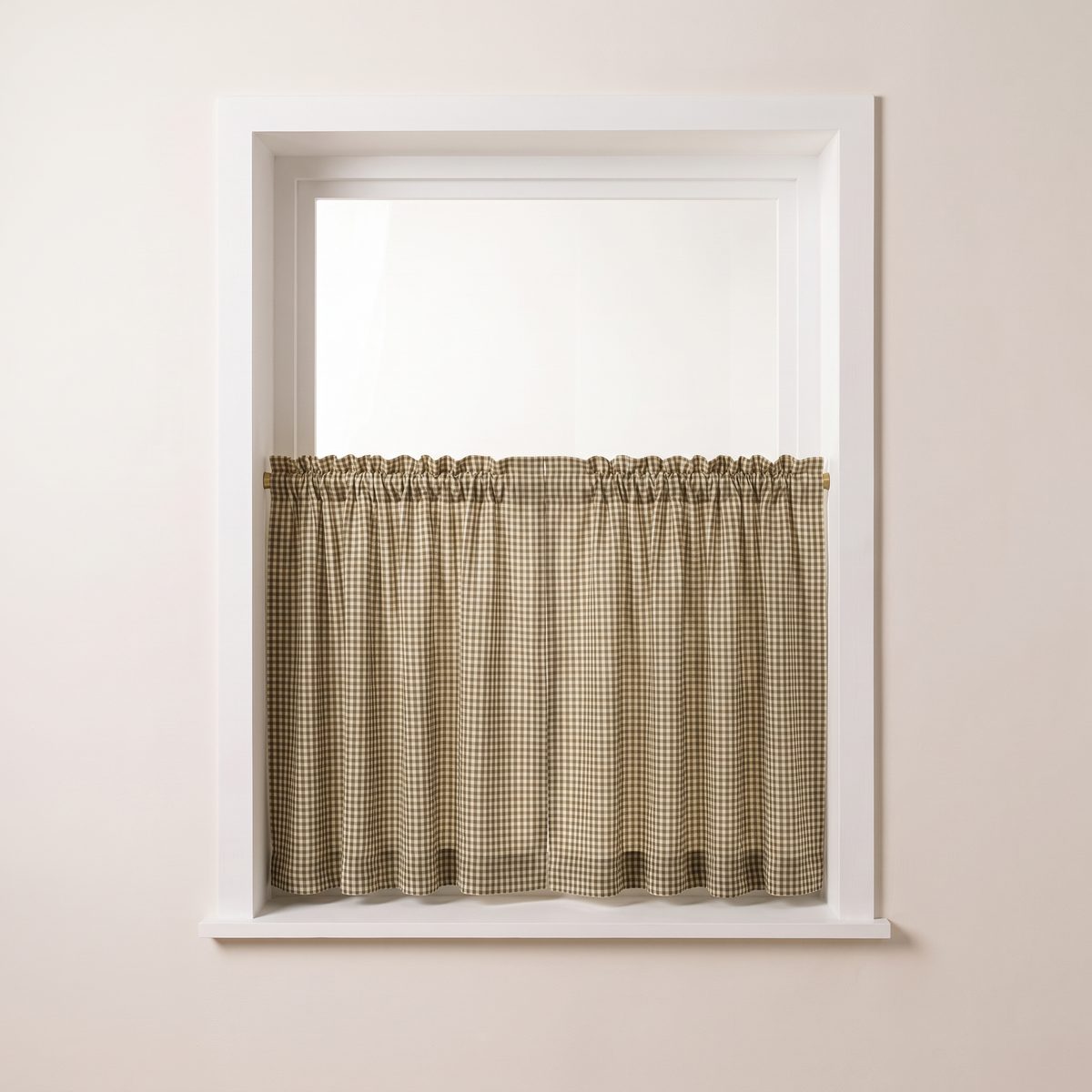 Café Gingham olive and ivory café curtains drawn across the lower half of a window, straight front view