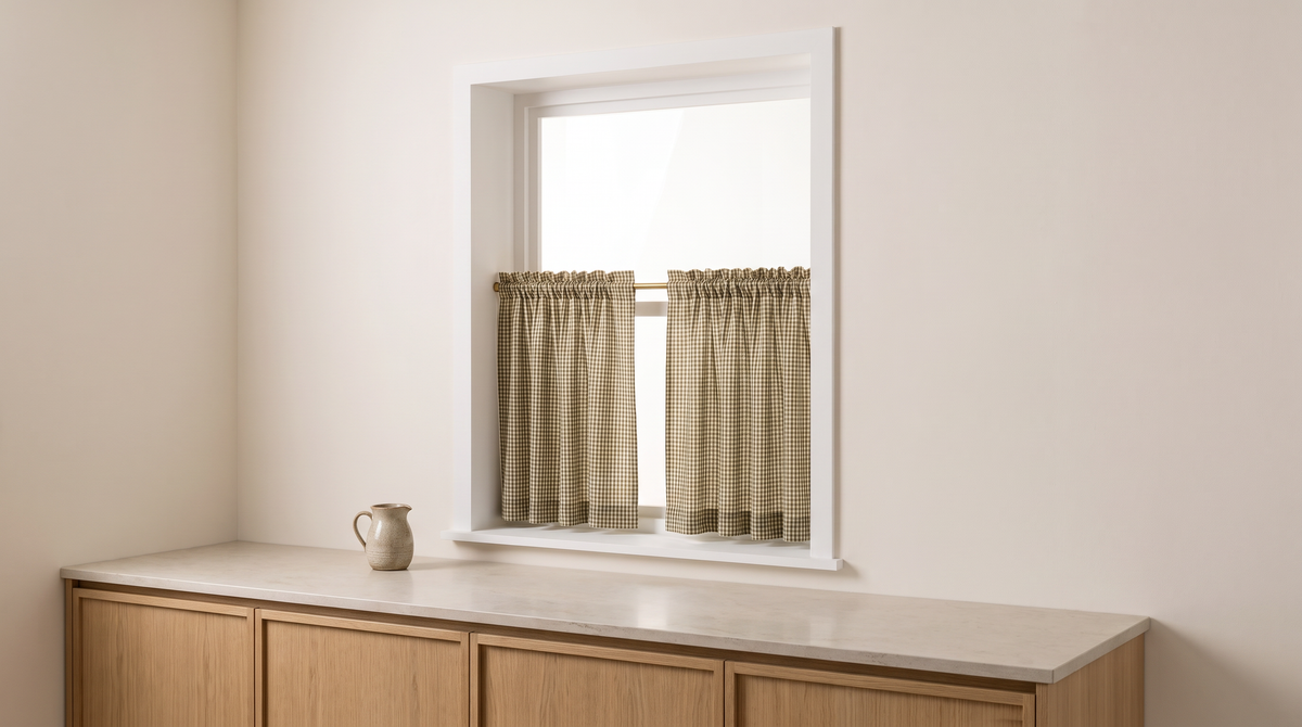 Café Gingham curtains styled on a window above a counter in a calm kitchen