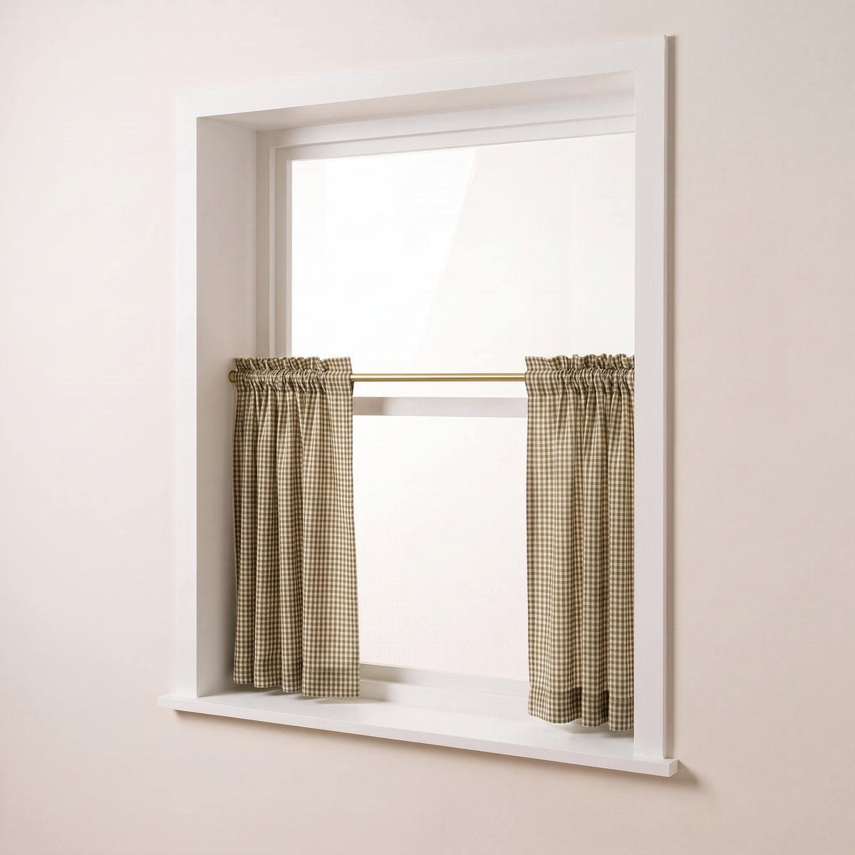 Café Gingham curtains slid open to both sides of the brass rod