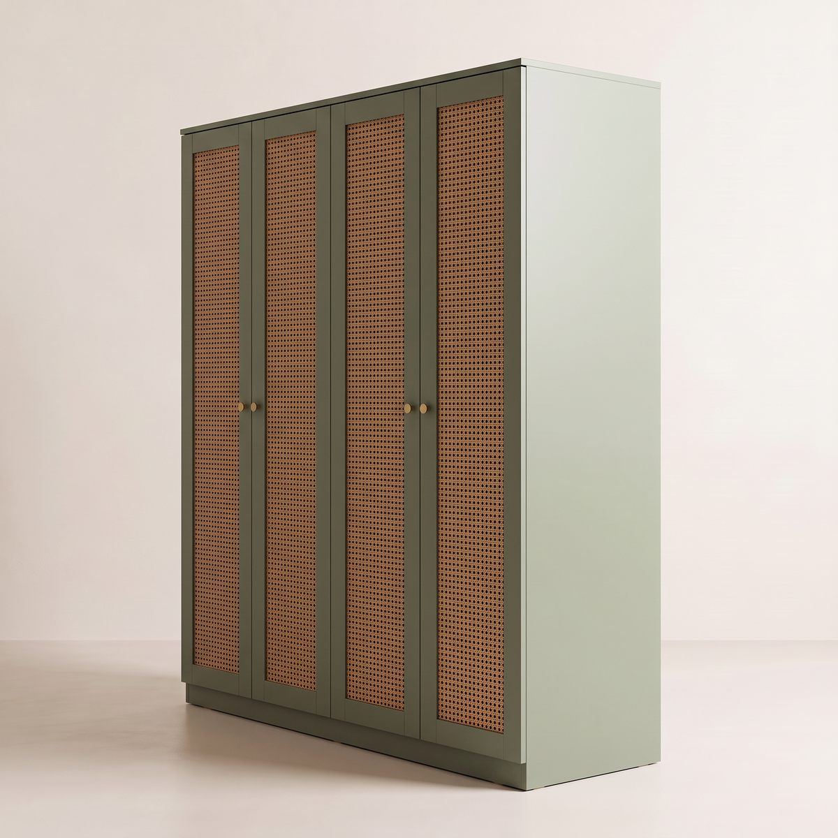Cane Grove Wardrobe in sage with woven-cane doors, front-right three-quarter view