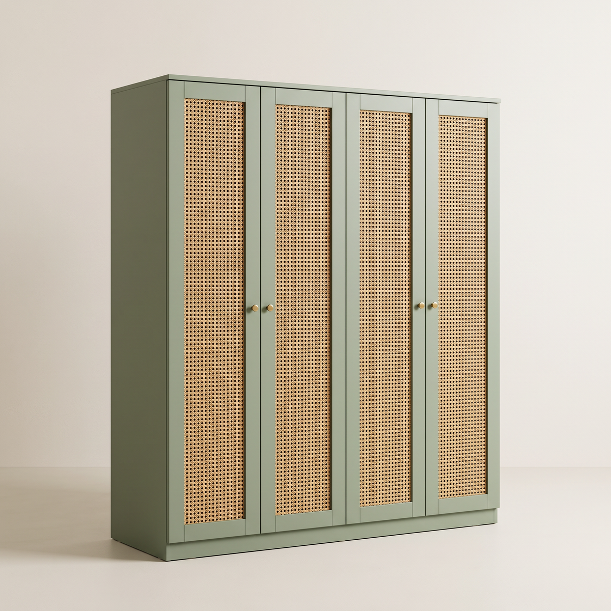Cane Grove Wardrobe in sage matte lacquer with four woven-cane door panels and brass knobs, front three-quarter view