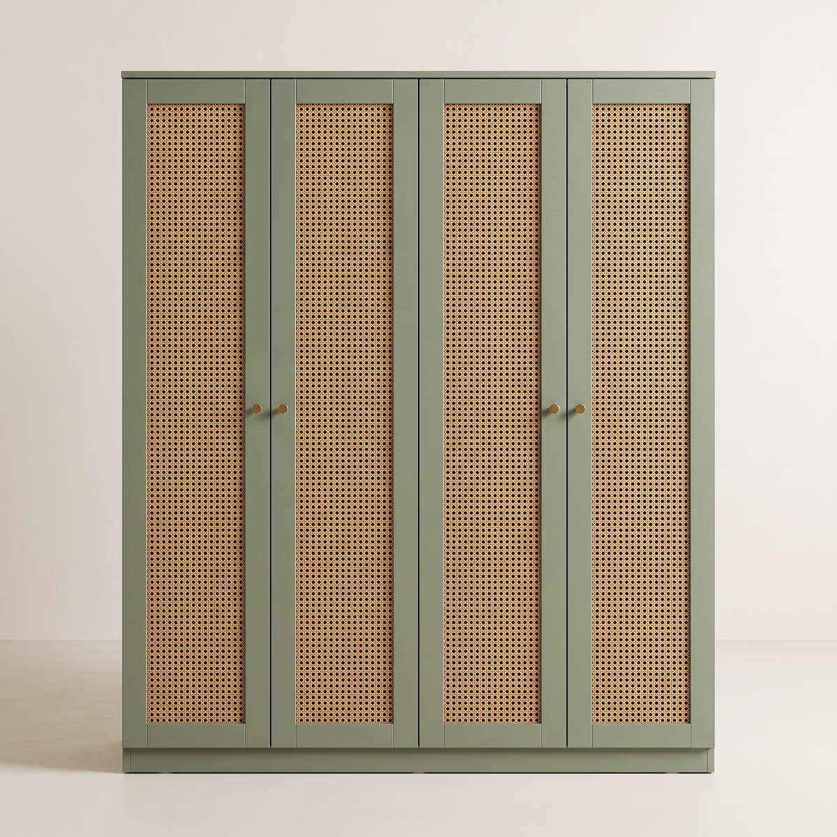 Cane Grove Wardrobe in sage with four cane-panel doors, straight front view