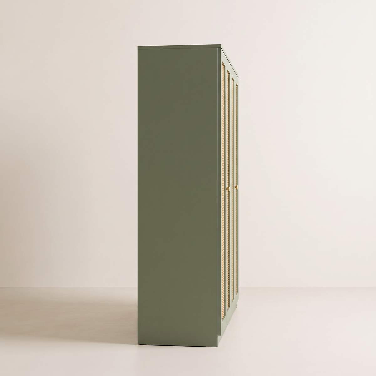 Cane Grove Wardrobe in sage matte lacquer, left side profile