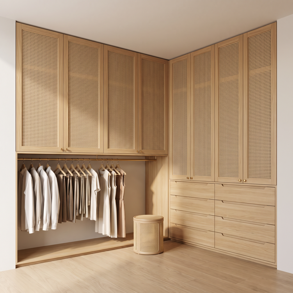 Cane Loft Closet design proposal: L-shaped honey ash walk-in closet with woven cane upper doors, brass knobs, open hanging and finger-pull drawers, front three-quarter view