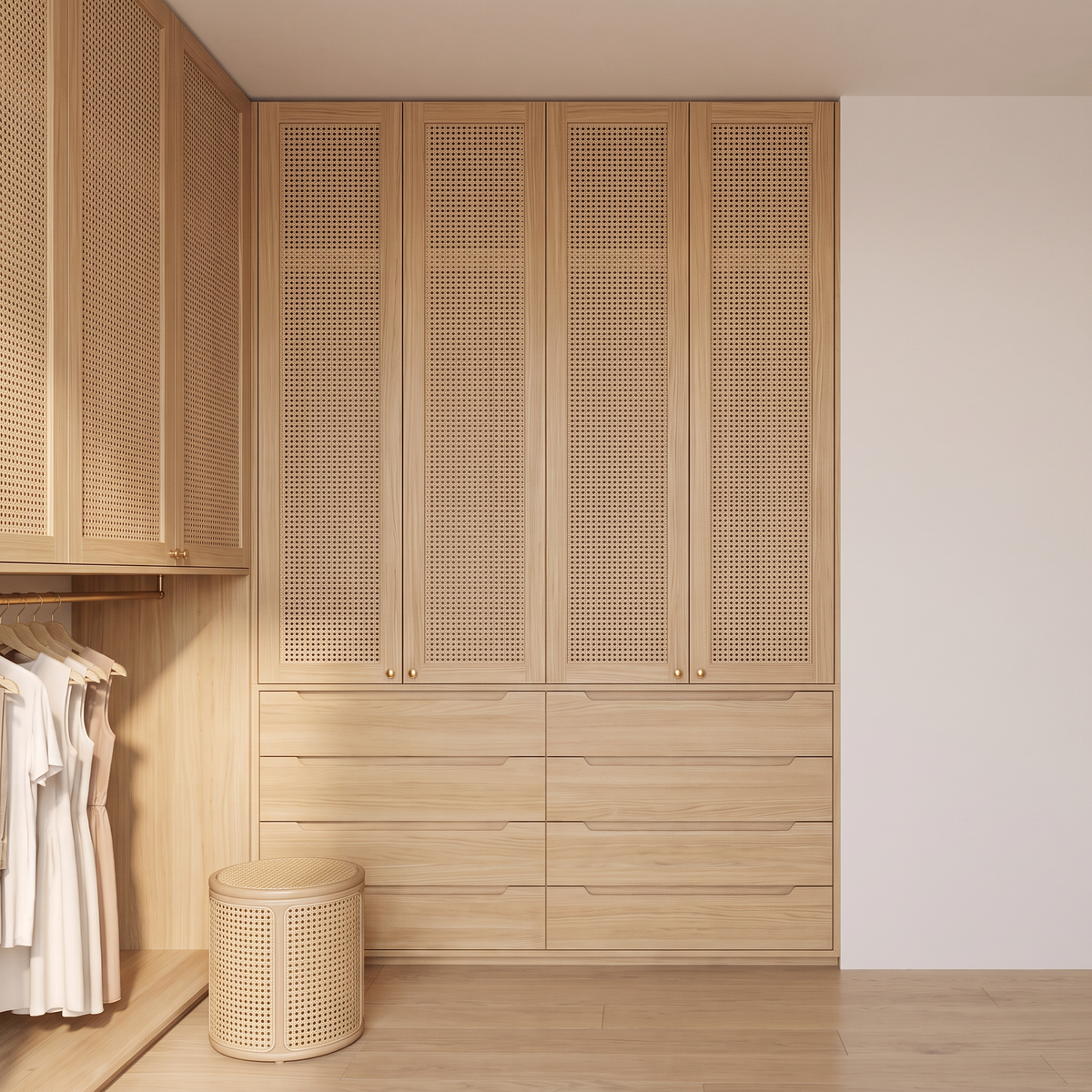Cane Loft Closet run of cane-panelled ash doors above a stack of finger-pull drawers, straight front view