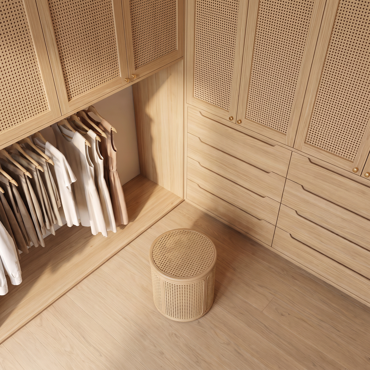 Cane Loft Closet corner with cane stool, open hanging and ash drawers, elevated view