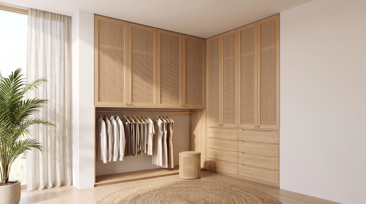 Cane Loft Closet styled in a calm, sunlit dressing room with a jute rug and potted palm