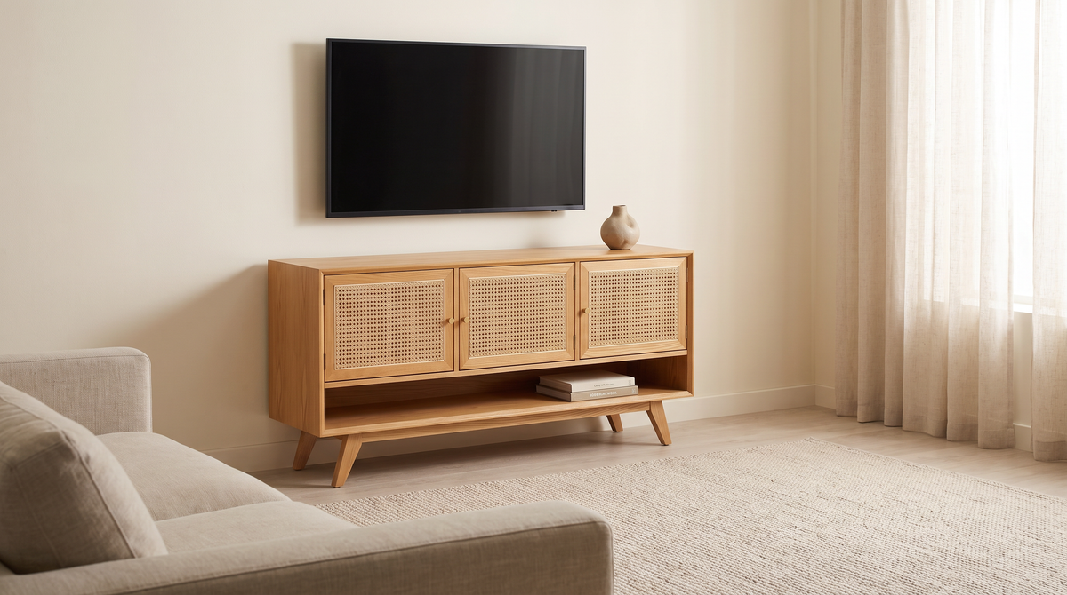 Cane Tempo TV unit styled in a calm living room