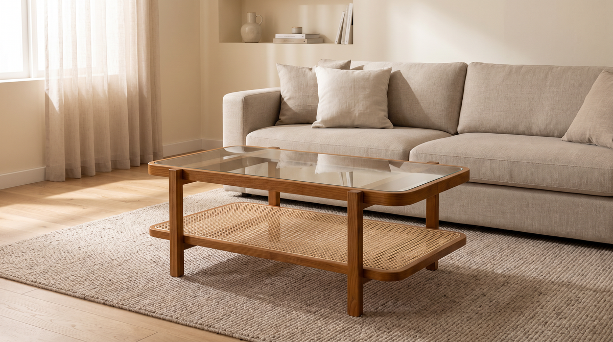 Canehaven coffee table styled in a calm living room