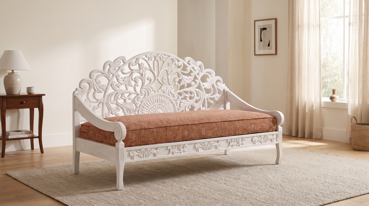 Carve White carved wooden sofa styled in a calm living room