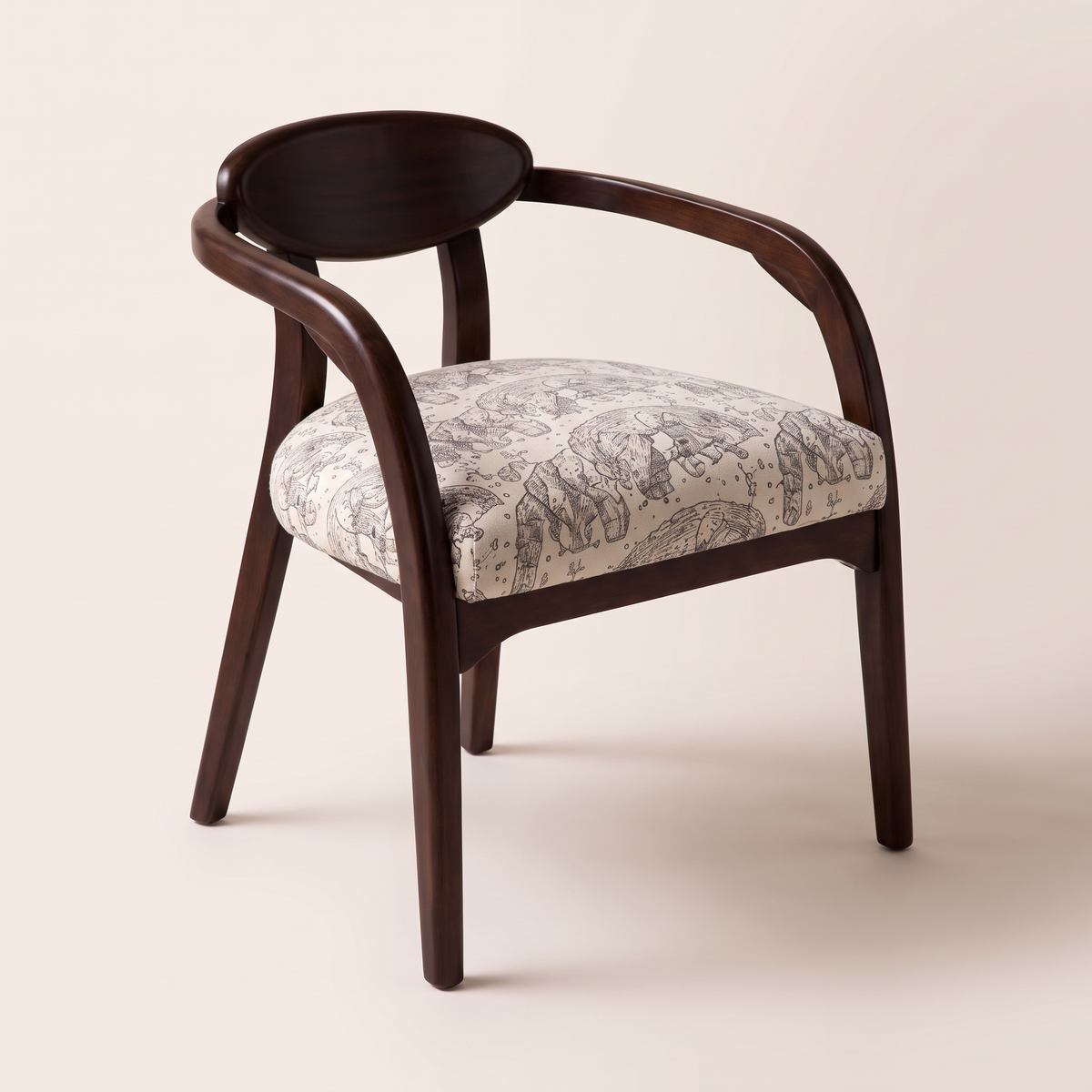 Chair 404 dining armchair in dark brown wood with curved arms and elephant-print seat, front-right three-quarter view