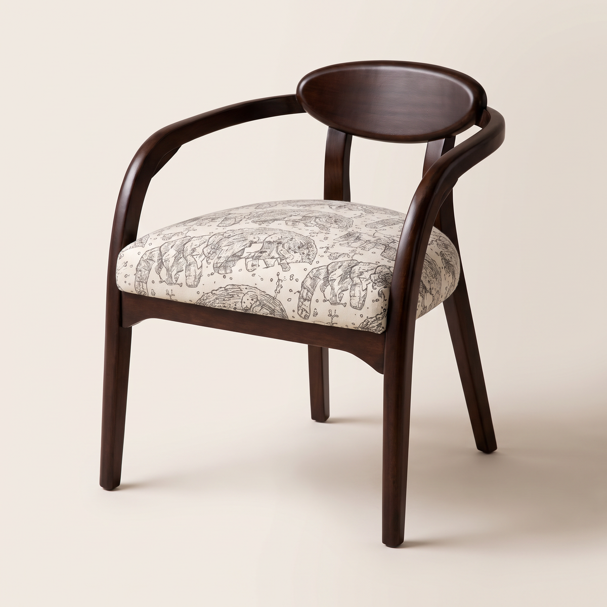 Chair 404 dining armchair in dark brown wood with curved arms and elephant-print seat, front three-quarter view