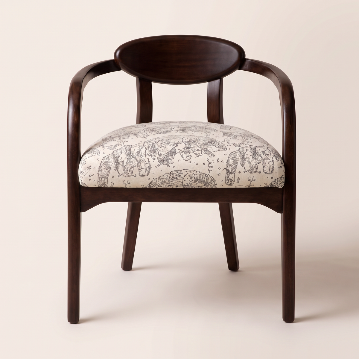 Chair 404 dining armchair in dark brown wood with curved arms and elephant-print seat, front view