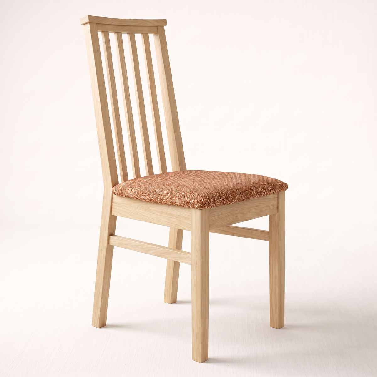Chair 501 dining chair in pale natural wood with tall slatted back and rust upholstered seat, front-right three-quarter view