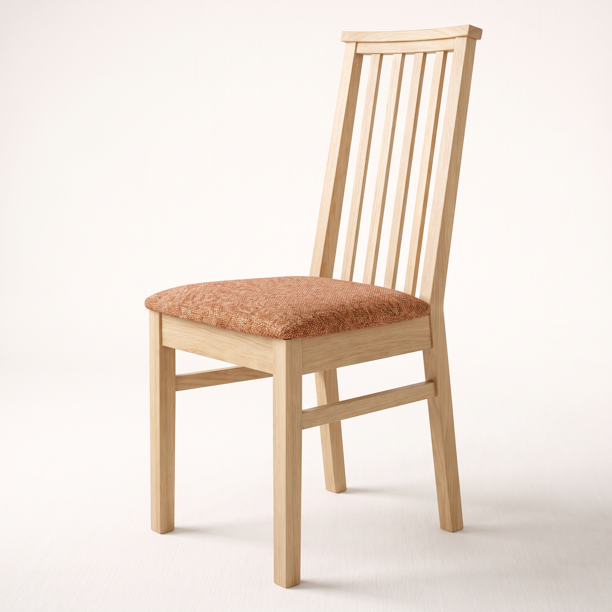 Chair 501 dining chair in pale natural wood with tall slatted back and rust upholstered seat, front three-quarter view