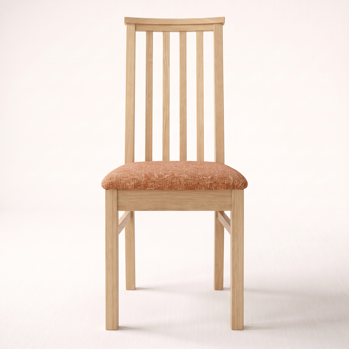 Chair 501 dining chair in pale natural wood with tall slatted back and rust upholstered seat, front view
