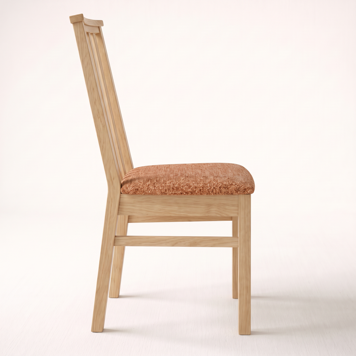 Chair 501 dining chair in pale natural wood with tall slatted back and rust upholstered seat, side profile