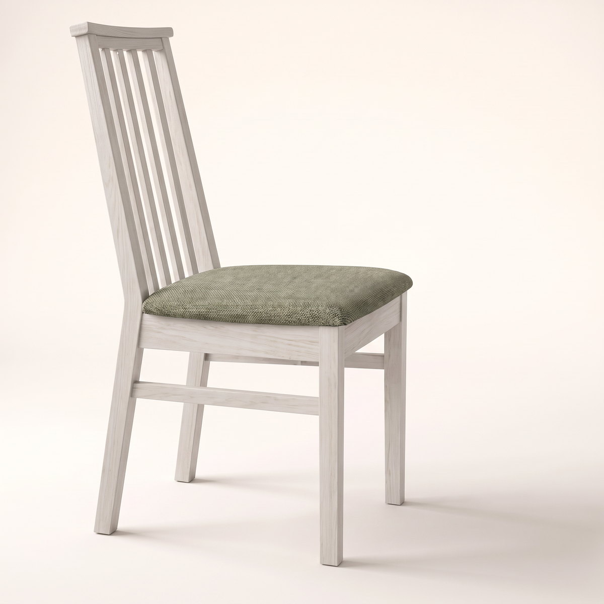 Chair 502 dining chair in whitewashed wood with tall slatted back and sage green upholstered seat, front-right three-quarter view