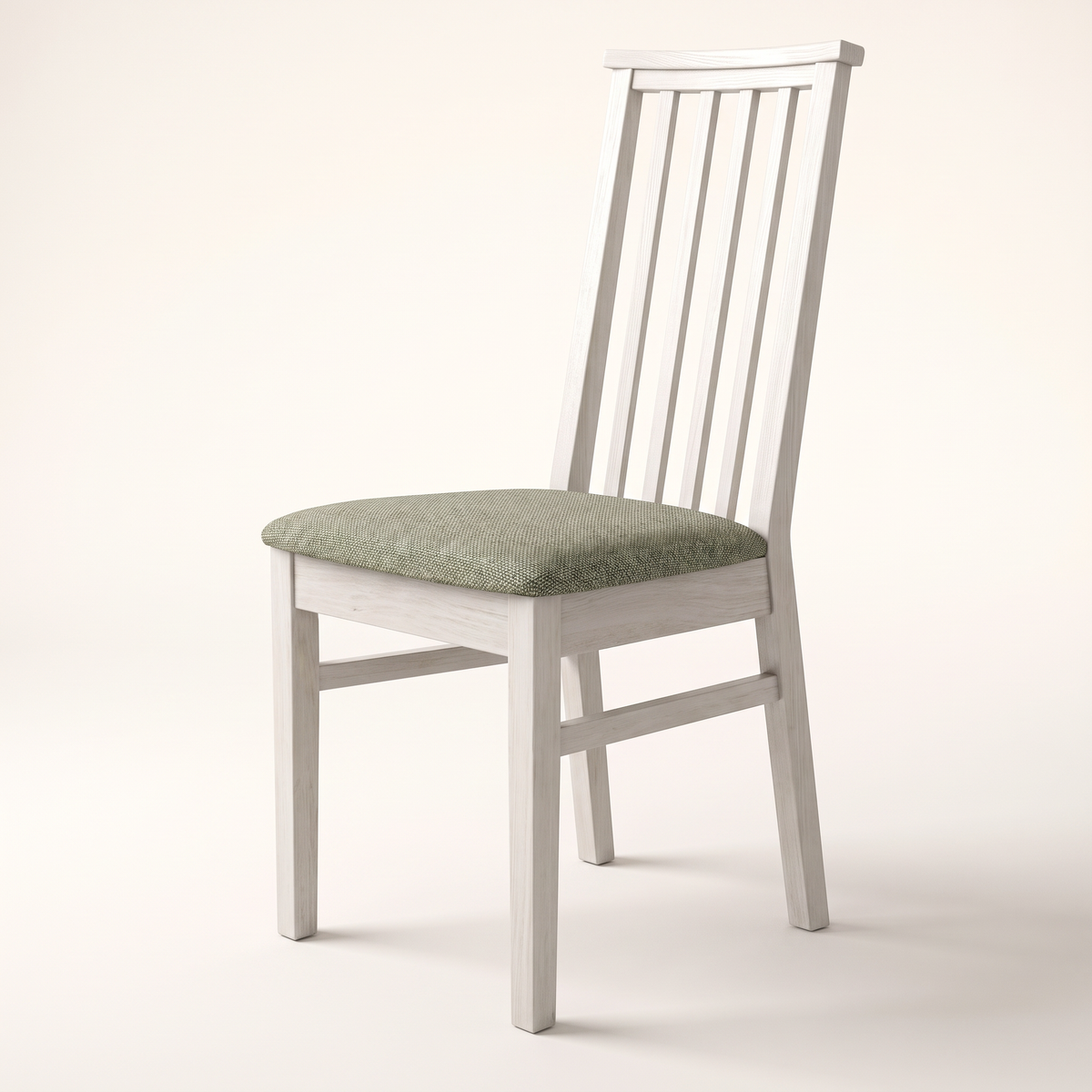 Chair 502 dining chair in whitewashed wood with tall slatted back and sage green upholstered seat, front three-quarter view