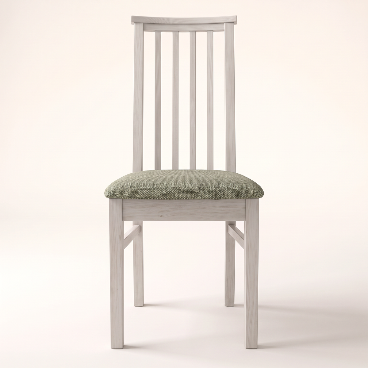 Chair 502 dining chair in whitewashed wood with tall slatted back and sage green upholstered seat, front view