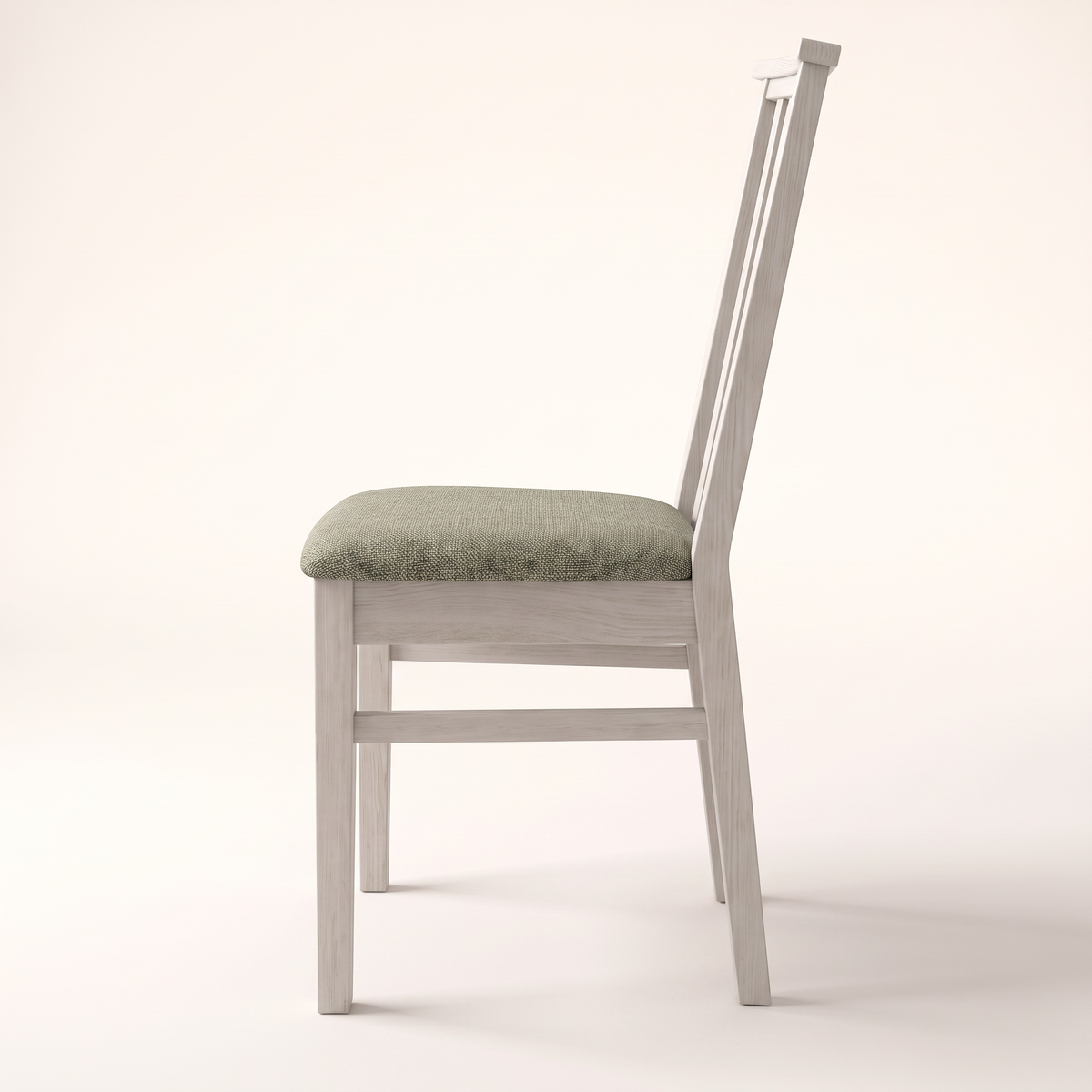 Chair 502 dining chair in whitewashed wood with tall slatted back and sage green upholstered seat, side profile