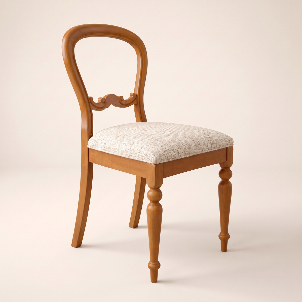 Chair 503 balloon-back dining chair in honey wood with turned legs and cream upholstered seat, front-right three-quarter view