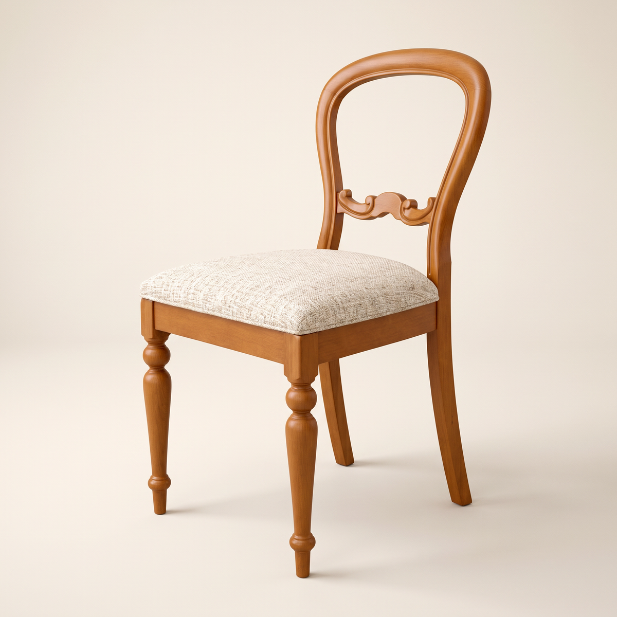 Chair 503 balloon-back dining chair in honey wood with turned legs and cream upholstered seat, front three-quarter view