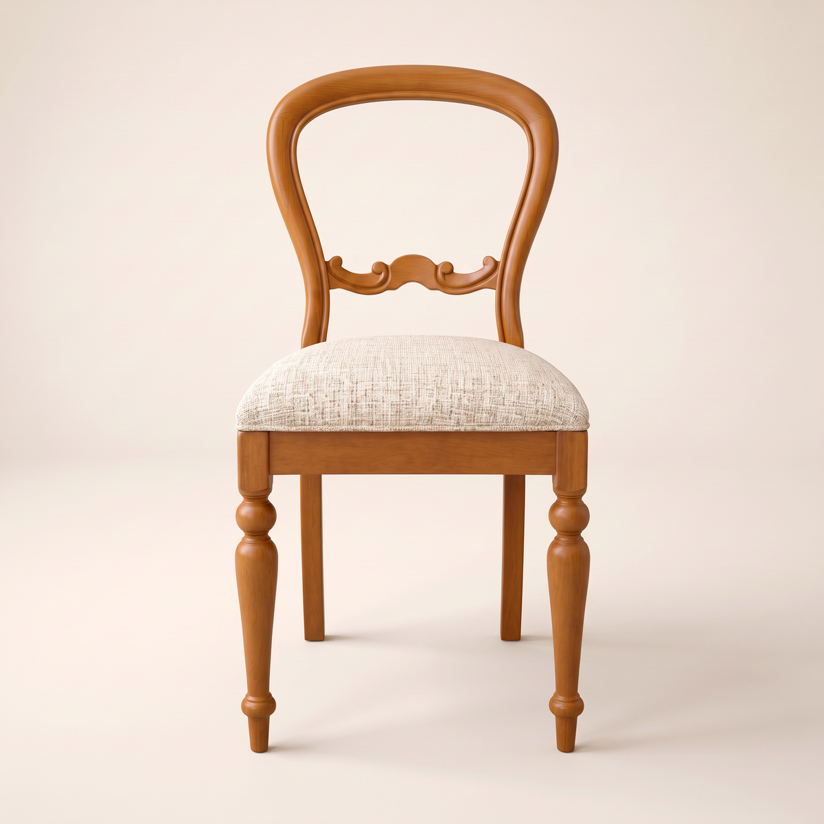 Chair 503 balloon-back dining chair in honey wood with turned legs and cream upholstered seat, front view