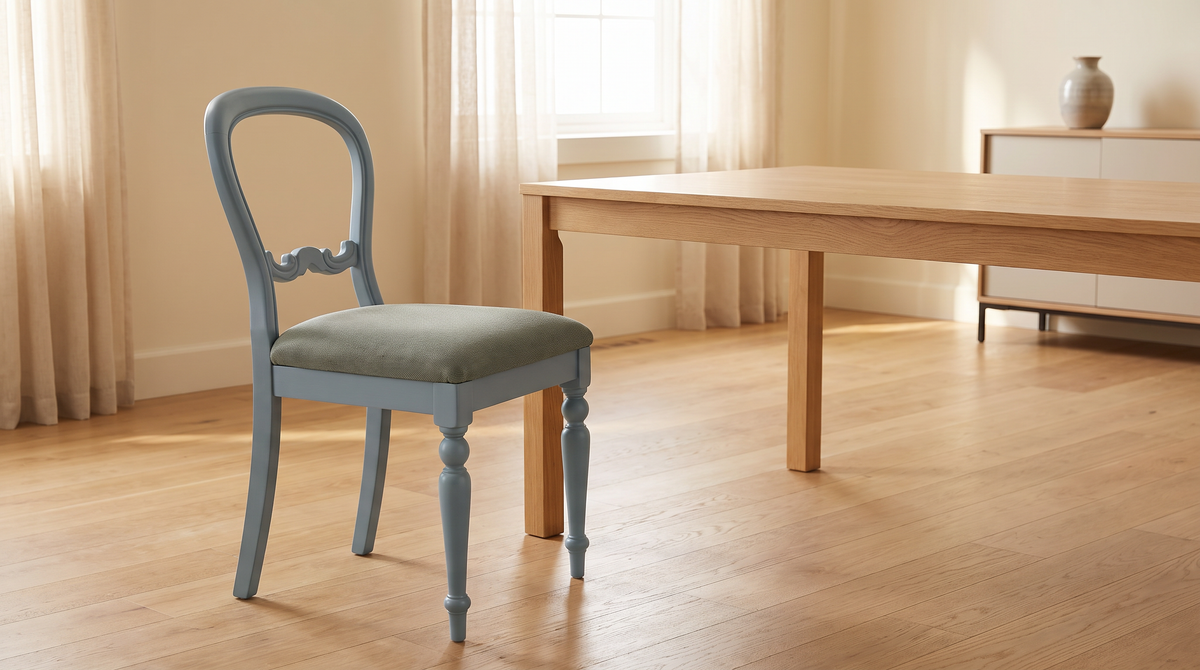 Chair 504 balloon-back dining chair styled in a calm dining room