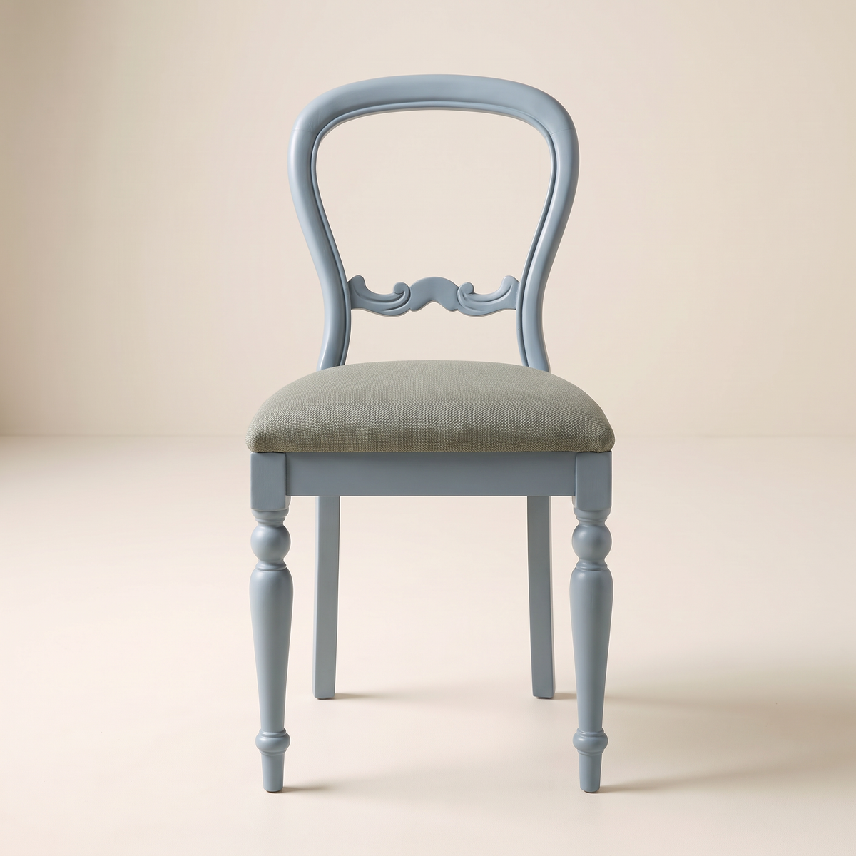 Chair 504 balloon-back dining chair in powder blue painted wood with turned legs and grey-green seat, front view