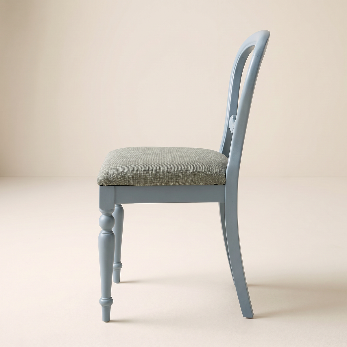 Chair 504 balloon-back dining chair in powder blue painted wood with turned legs and grey-green seat, side profile
