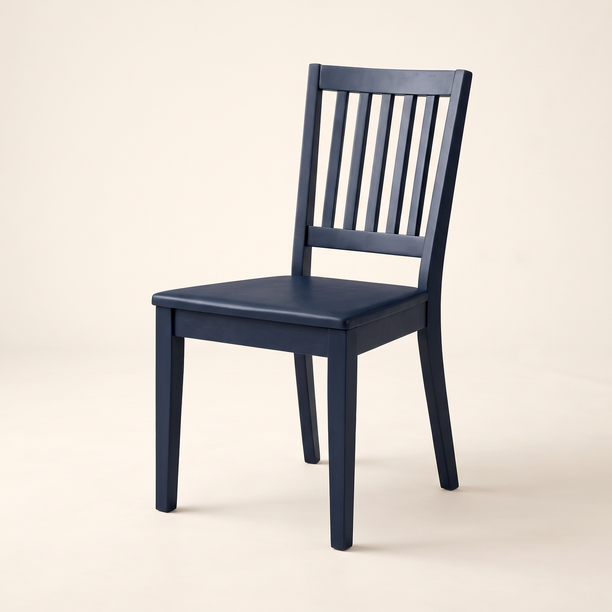Chair 505 dining chair in navy blue with slatted back and flat seat, front three-quarter view